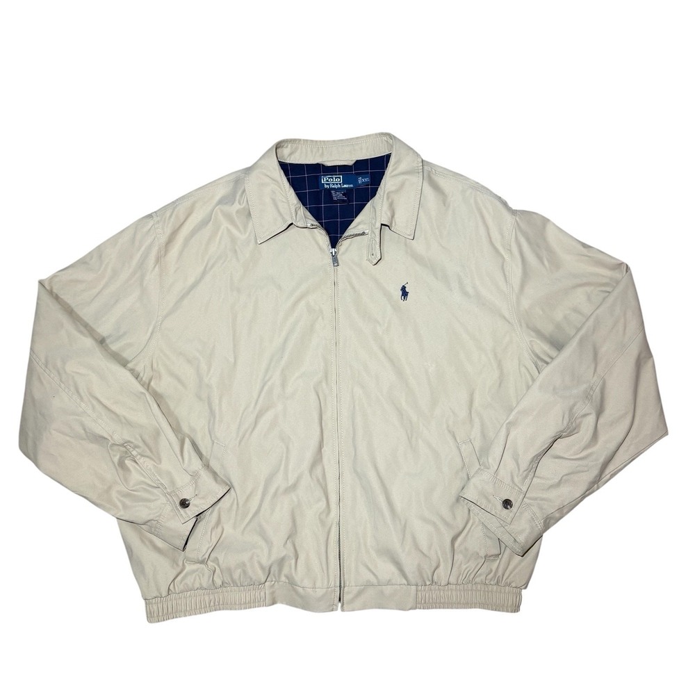 Vintage Polo Ralph Lauren Tan Full Zip Navy Plaid Lined Jacket 90s XXL